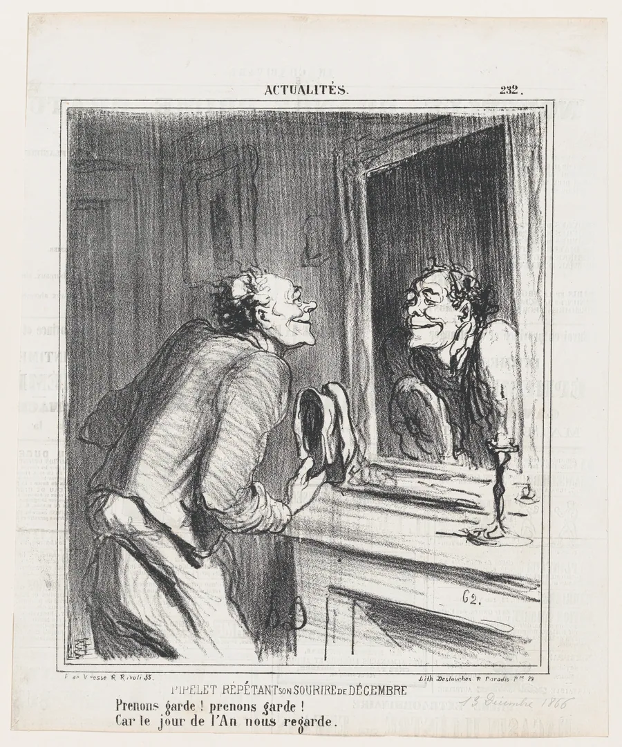 The concierge rehearsing his December smile: Take care! take care! For New Year's Day is approaching!, from 'News of the day,' published in Le Charivari, December 13, 1866 by Destouches