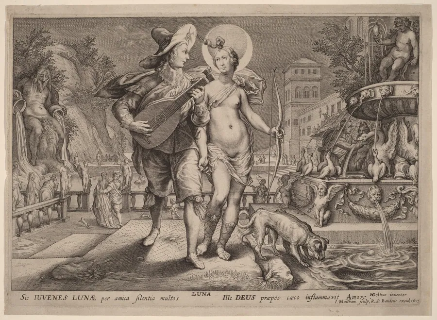Diana as Luna Accompanying a Young Man Serenading by Jacob Matham