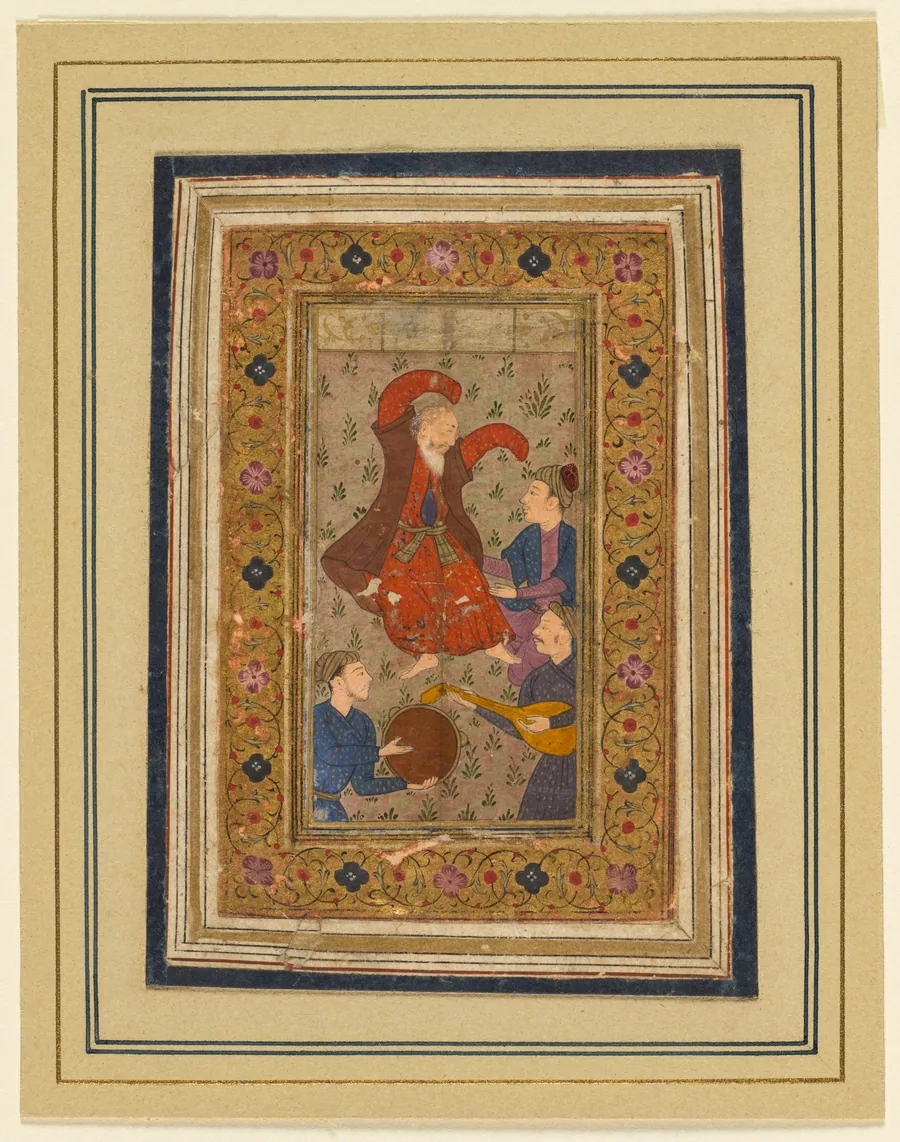 A dancing dervish and three musicians, from a Divan (Collected Poems) of Urfi (Persian, 1555–1591)