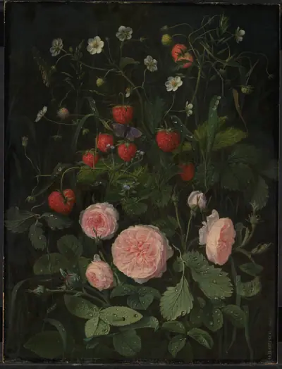 Blomsterstykke med roser og jordbær