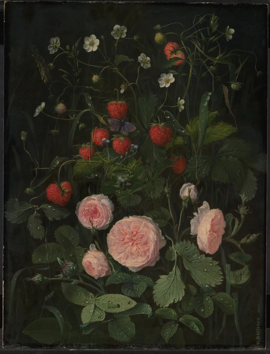 Blomsterstykke med roser og jordbær by O.D. Ottesen