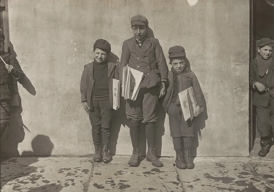 John Pento, 14 years old, Daniel and Angelo Pento, 7 years old, selling newspapers, Hartford, Connecticut by Lewis Wickes Hine