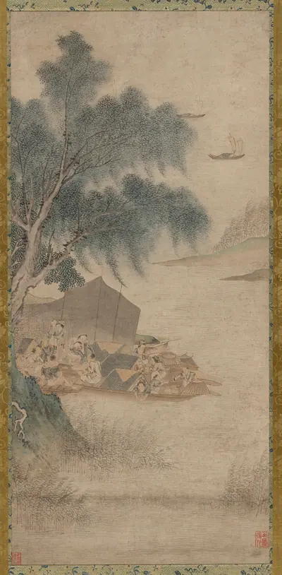 Fisher folk moored under trees