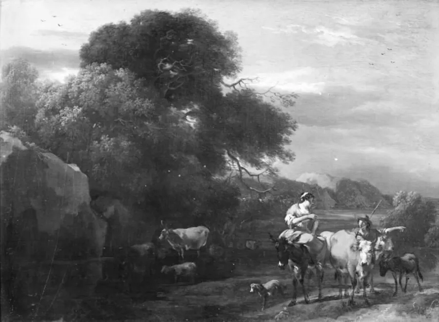 Aftenlandskab med træbevoksede klipper og kvæg by Nicolaes Berchem