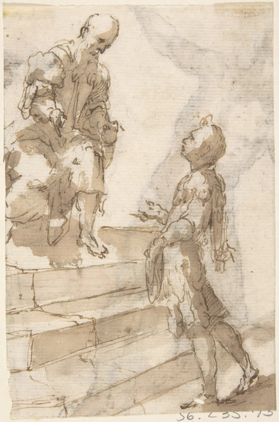 Young Man Approaching Old Bearded Man Who Stands on Steps (recto); Male Nude with Bent Right Knee (verso) by Anonymous, Spanish, School of Seville, 17th century