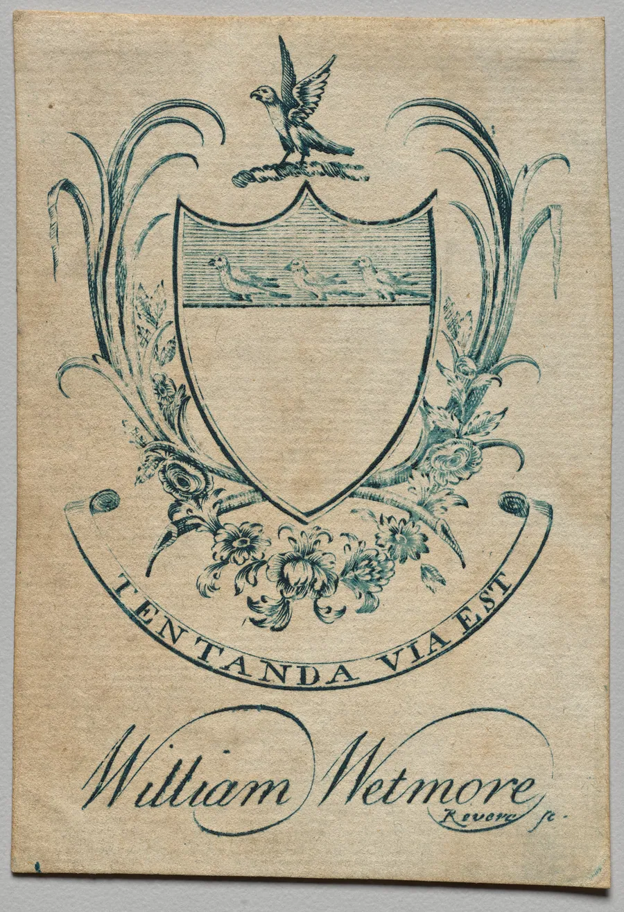Bookplate:  Coat of Arms with William Wetmore inscribed below by Paul Revere II