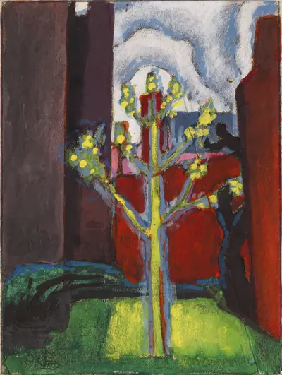 Young Tree in Red Courtyard