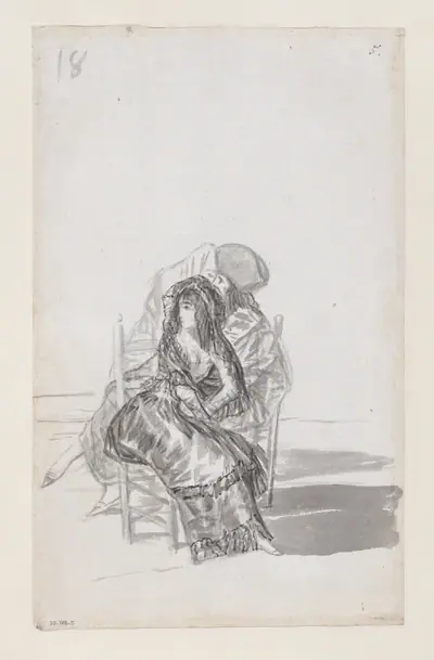Maja seated on a chair and two companions behind; folio 18 (verso) from the Madrid Album 'B'
