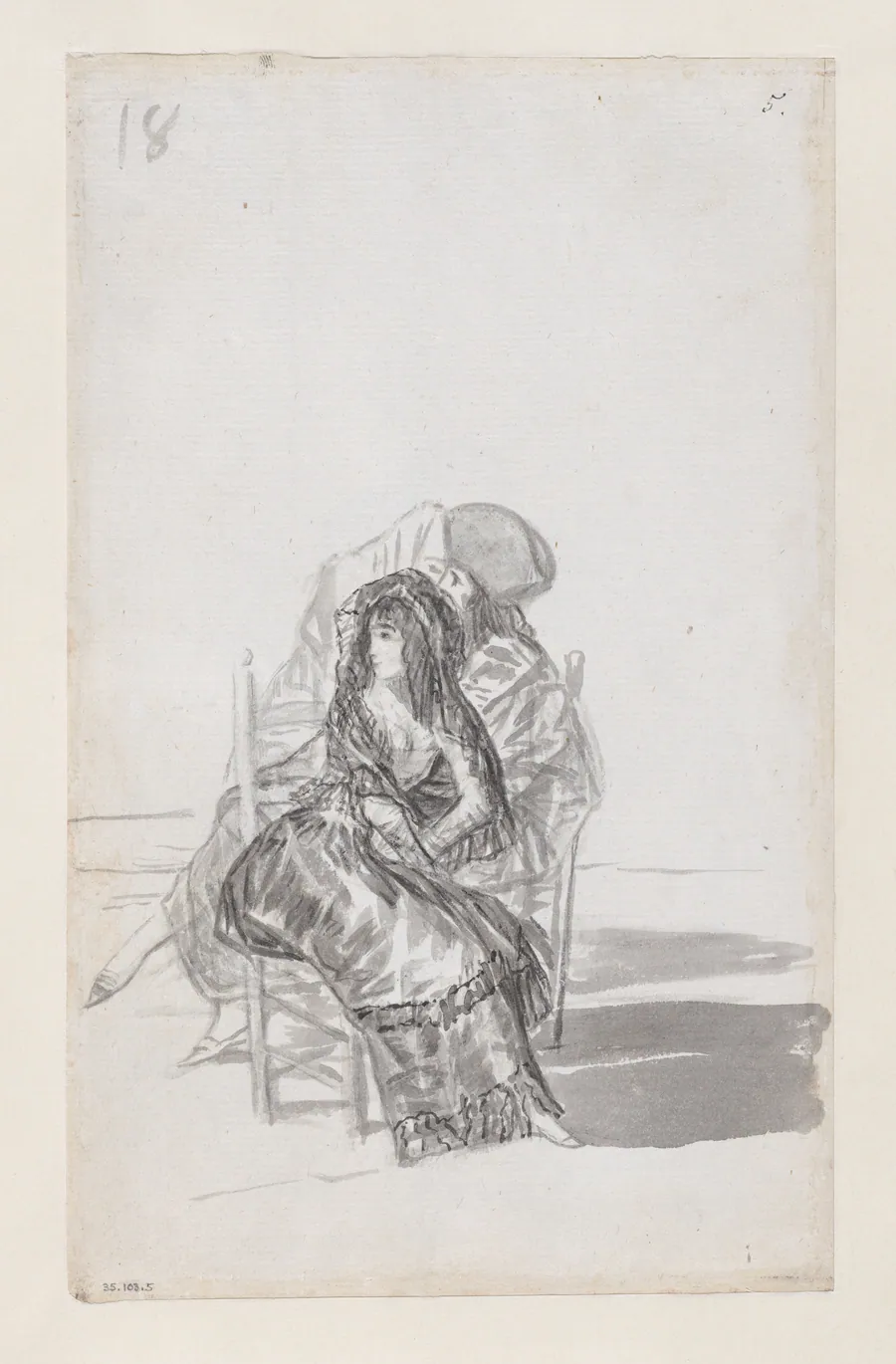 Maja seated on a chair and two companions behind; folio 18 (verso) from the Madrid Album 'B' by Goya (Francisco de Goya y Lucientes)