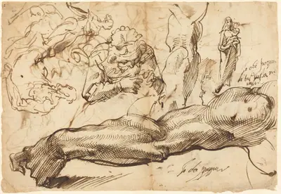 Studies of a Left Arm, a Young Woman, a Madonna and Child, a Face in Profile, and Nude Figures
