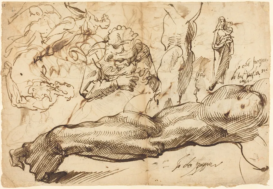 Studies of a Left Arm, a Young Woman, a Madonna and Child, a Face in Profile, and Nude Figures by Bartolomeo Passarotti