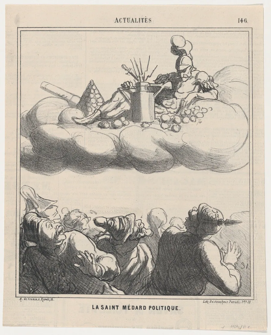 Saint Médard of politics, from 'News of the day,' published in Le Charivari, June 27, 1868 by Arnaud de Vresse