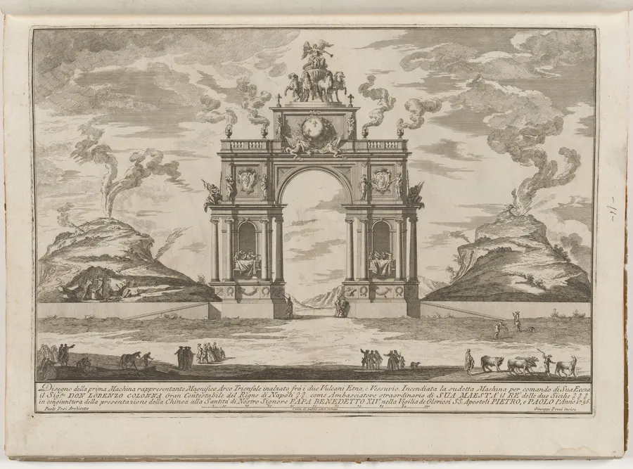 The Prima Macchina for the Chinea of 1756: A Triumphal Arch between Mount Etna and Mount Vesuvius by Giuseppe Pozzi