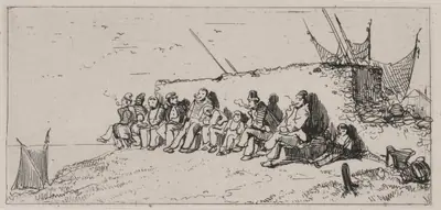 Fishermen Seated along a Wall, Smoking