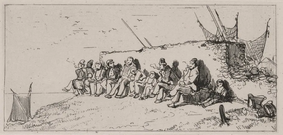 Fishermen Seated along a Wall, Smoking by Caspar Johann Nepomuk Scheuren
