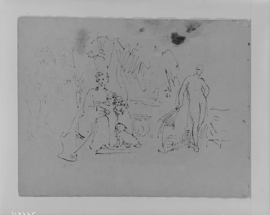 Woman with Two Children and Dog; Standing Figure (from Sketchbook) by Thomas Sully