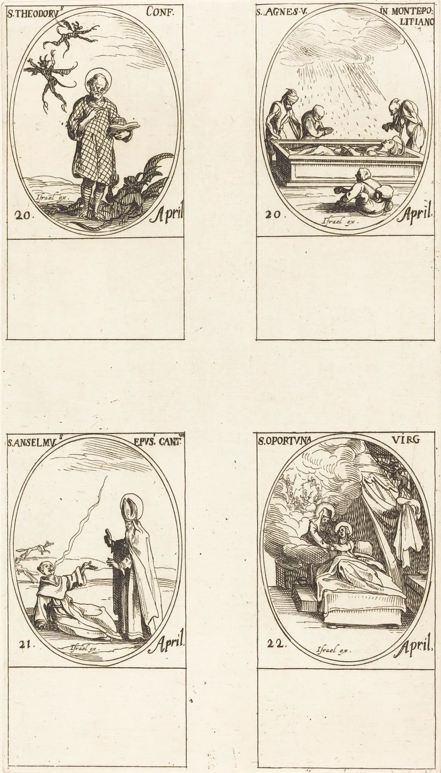 St. Theodorus; St. Agnes of Monte Pulciano; St. Anselme, Archbishop of Canterbury; St. Opportuna and Virgin by Jacques Callot