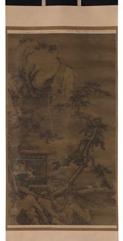 Three scholars in a pavilion composing poetry