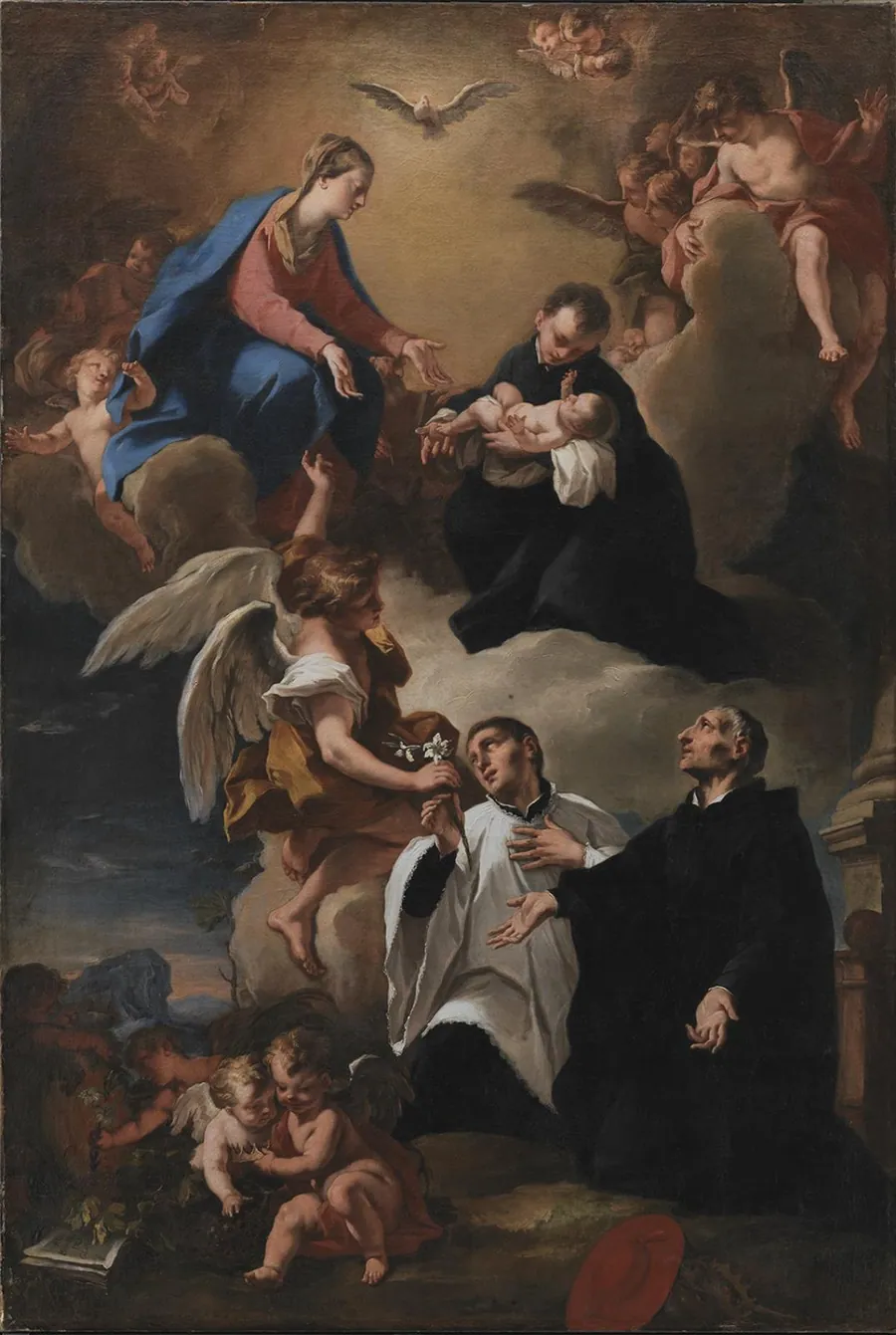 Helligånden, engle og Jomfru Maria med helgenerne Markus, Stanislaus Kostka (med barnet), Aloysius Gonzaga og Francesco Borgia by Nicola Grassi