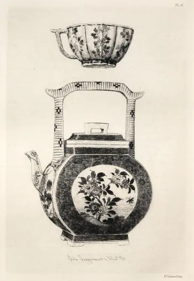 History of the Ceramic Art: A Descriptive and Philosophical Study of the Pottery of All Ages and All Nations: Japan: Artistic Decoration- Saucer with Rich Enamelled Ground, and Medallion Representing the Goddess Kouanin (Plate IV)