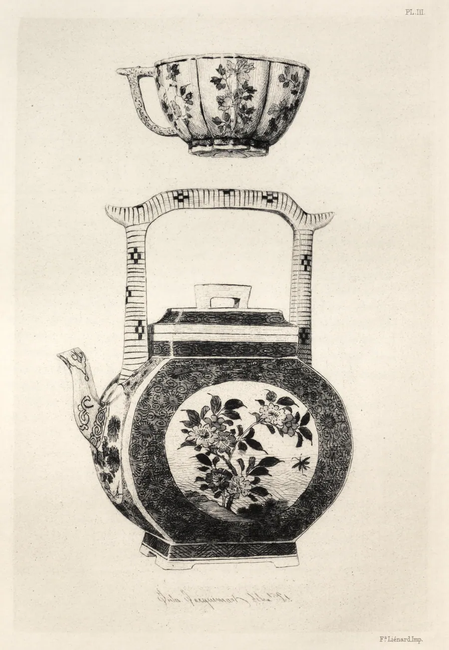 History of the Ceramic Art: A Descriptive and Philosophical Study of the Pottery of All Ages and All Nations: Japan: Artistic Decoration- Saucer with Rich Enamelled Ground, and Medallion Representing the Goddess Kouanin (Plate IV) by Jules Jacquemart