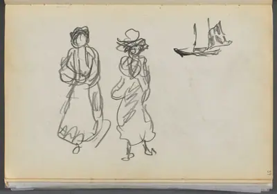 Sketchbook- The Granite Shore Hotel, Rockport, page 039: Two Figures and a Sailboat