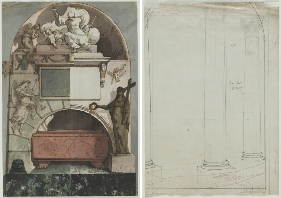 Design for a Fresco of an Artist's Tomb in the Certosa of Bologna (recto); Architectural Drawing of Columns (verso) by Pietro Fancelli