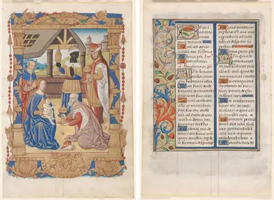 Leaf from a Book of Hours: Adoration of the Magi (recto) and Text with Illustrated Border (verso) (3 of 3 Excised Leaves)