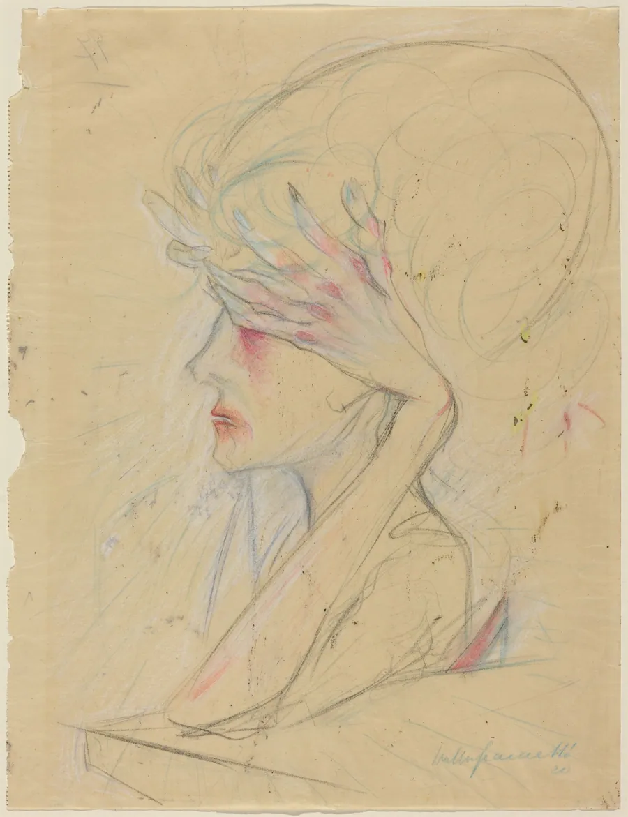 An Elegant Woman with Her Hands Covering Her Eyes by Walter Gramatté
