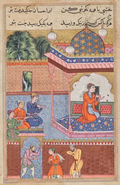 Kaiwan, Latif, and Sharif arrive at a house of worship, where they seek help from Khurshid who has become a mystical healer, from a Tuti-Nama (Tales of a Parrot): Thirty-second Night