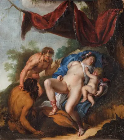 Sovende Venus med Cupido belures af satyrer