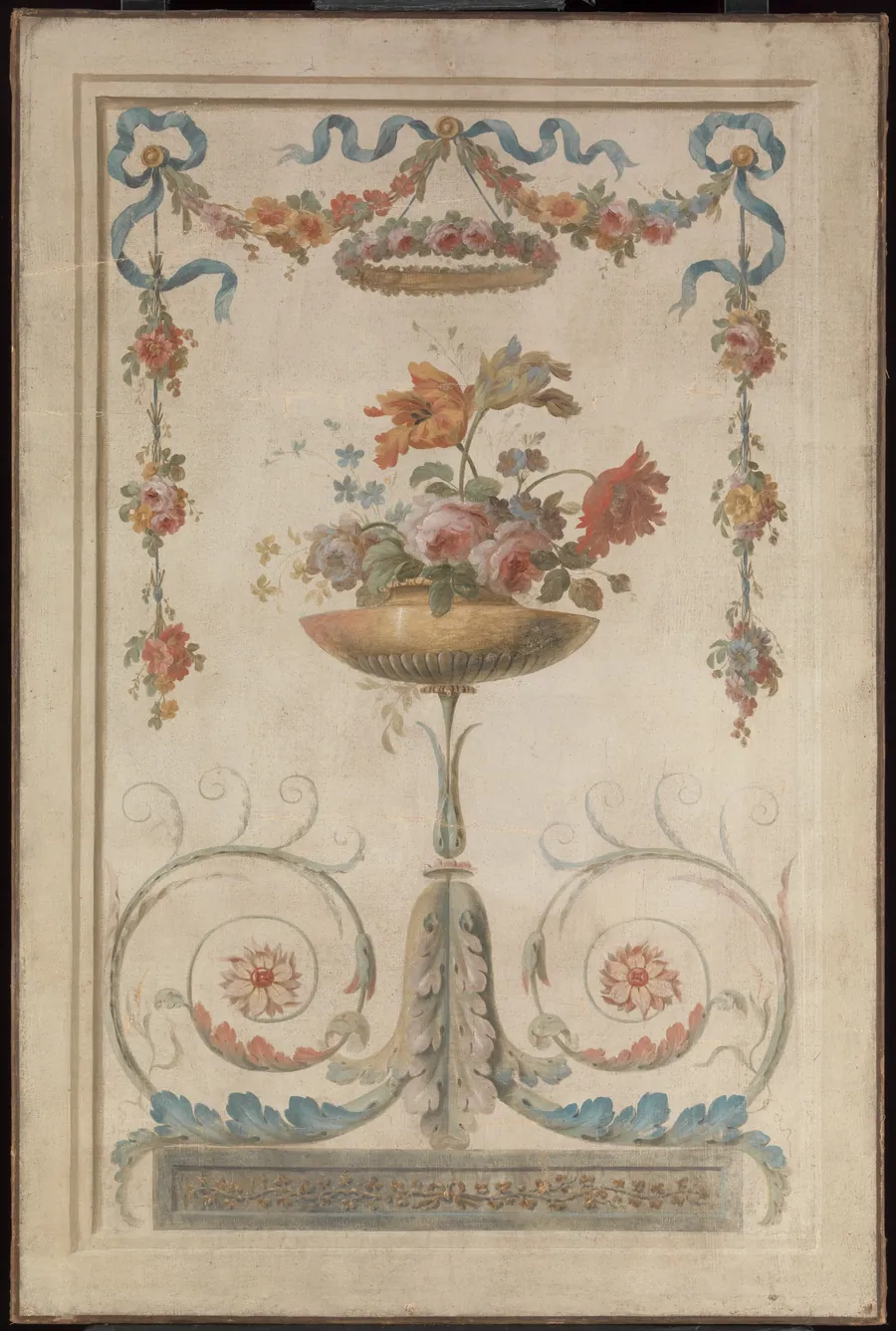 Vase of Flowers Resting on Foliate Scrolls by French Painter