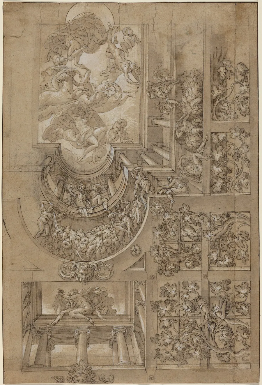Illusionistic Ceiling with a Grape Arbor, Figures Poised on Galleries, and a Central Scene of Olympian Gods by Italian 16th Century