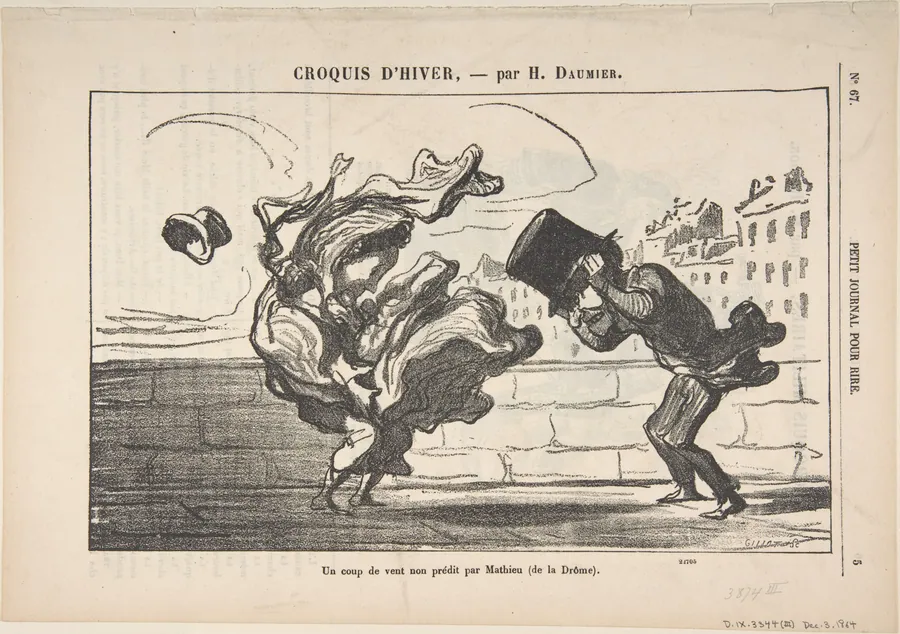 Un Coup de Vent non Prédit par Mathieu (de la Drôme), Plate 1 of Croquis d'Hiver, published in le Petit Journal pour rire by Honoré Daumier