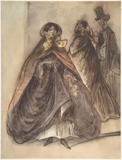Two Women and a Man with a Top Hat and a Monocle