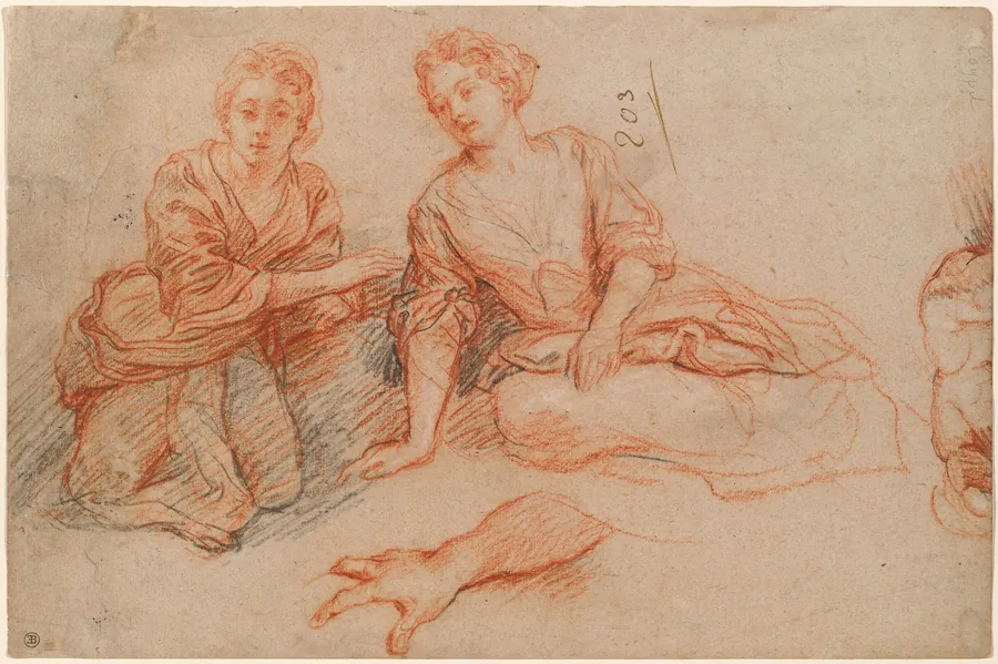 Two Young Women Seated on the Ground [recto] by Charles de La Fosse