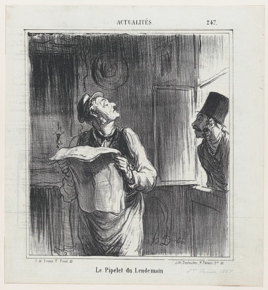 The concierge the day after, from 'News of the day,' published in Le Charivari, January 1, 1867 by Honoré Daumier