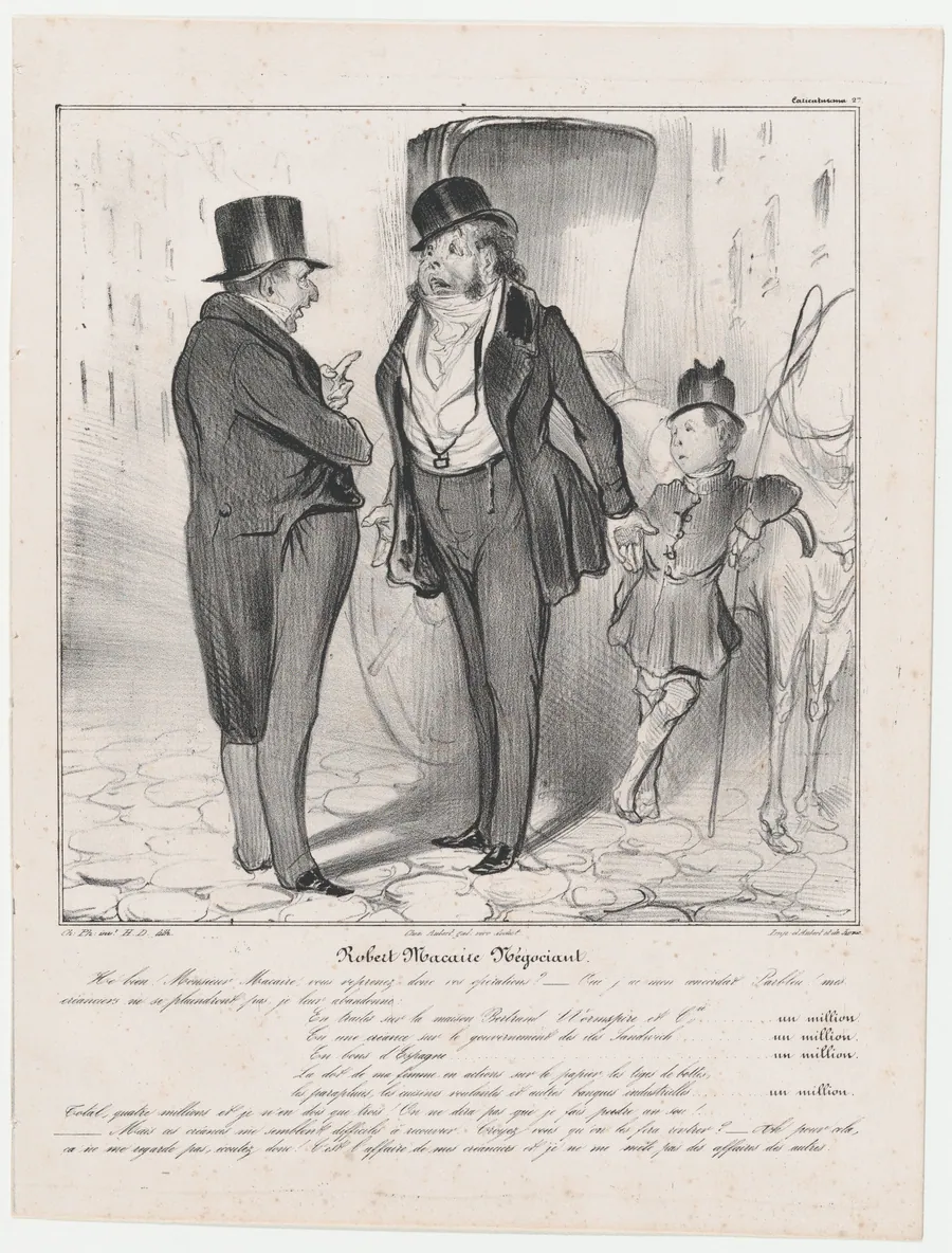 Plate 27: Robert Macaire, merchant, from 'Caricaturana,' published in Les Robert Macaires by Charles Philipon
