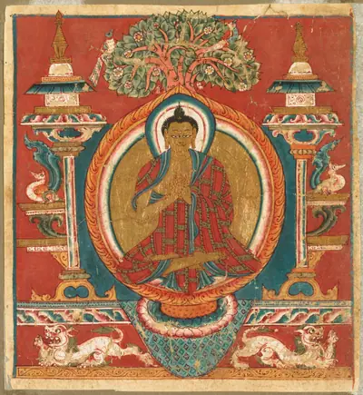 Votive initiation card (tsakali) with preaching Buddha Shakyamuni