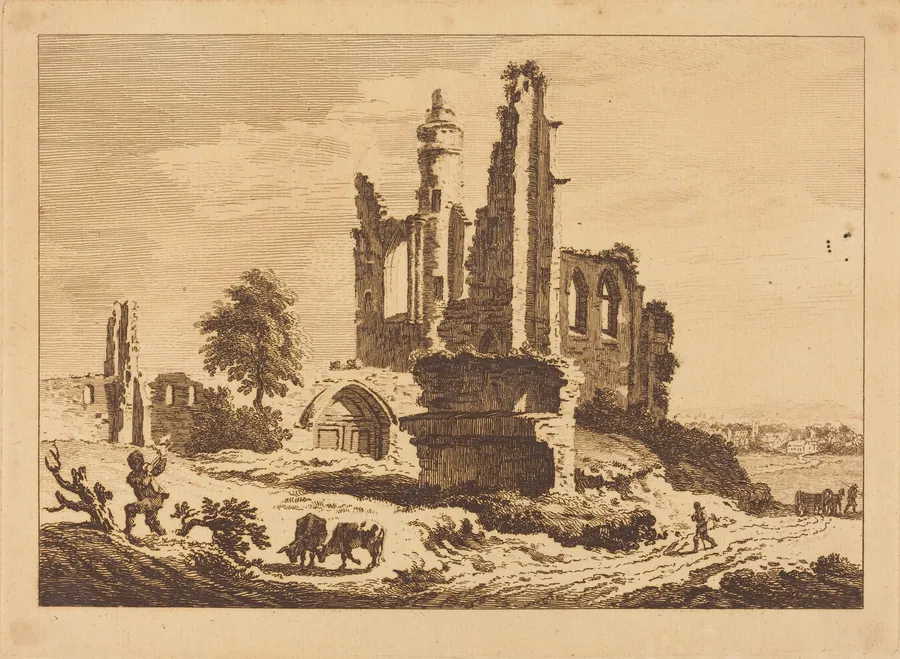 Ruined Abbey with Cattle and a Man Chopping Wood by Paul Sandby