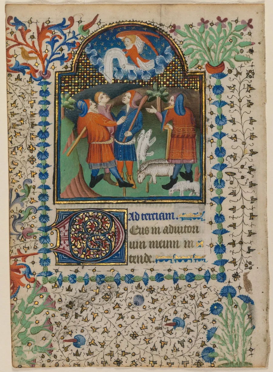 Leaf from a Book of Hours: Annunciation to the Shepherds (recto) by Boethius Illuminator