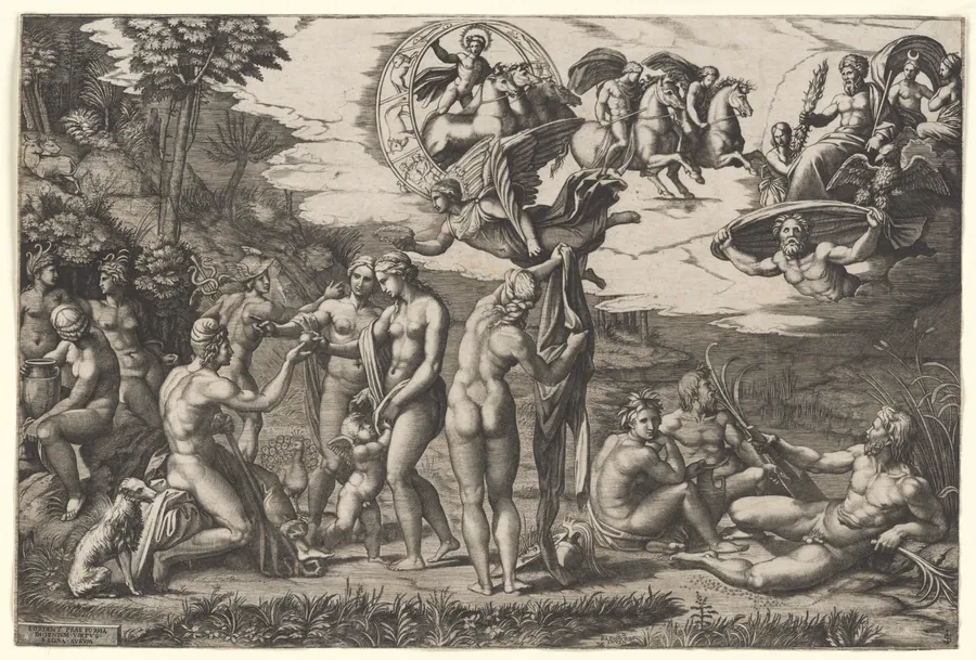 The Judgment of Paris; he is sitting at left with Venus, Juno and Pallas Athena, a winged victory above; in the upper section the Sun in his chariot preceeded by Castor and Pollux on horseback; at lower right two river gods and a naiad above whom Jupiter, an eagle, Ganymede, Diana and another Goddess by Marcantonio Raimondi