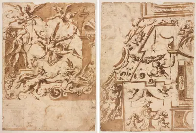 Grotesque with a Satyr Feeding a Dragon (recto); Grotesque with a Leaping Centaur (verso)