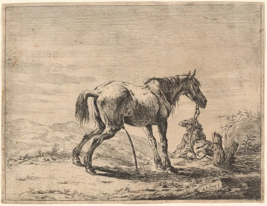 A Pissing Horse Bound to a Post by Dirck Stoop