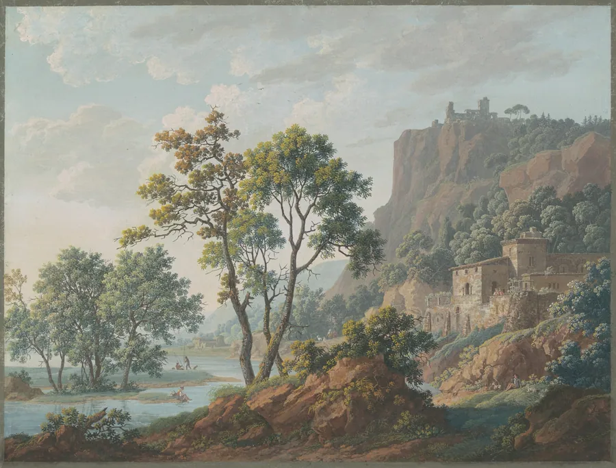 River Landscape with Castles and Fishermen by Baron Louis-Albert-Guillain Bacler d'Albe