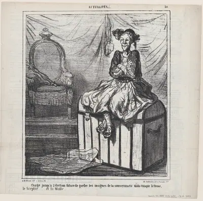 Entrusted with guarding the Insignia of Wallachian sovereignty until the forthcoming election: the throne, the sceptre ... and the trunk., from 'News of the day,' published in Le Charivari, March 30, 1866