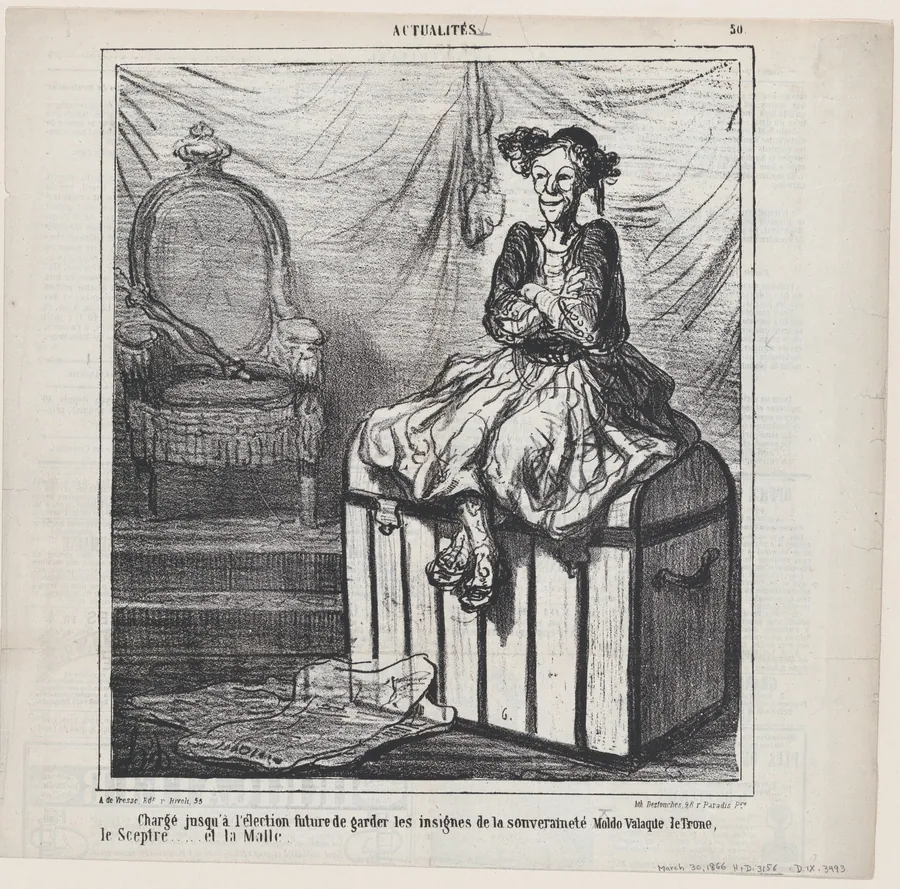 Entrusted with guarding the Insignia of Wallachian sovereignty until the forthcoming election: the throne, the sceptre ... and the trunk., from 'News of the day,' published in Le Charivari, March 30, 1866 by Arnaud de Vresse