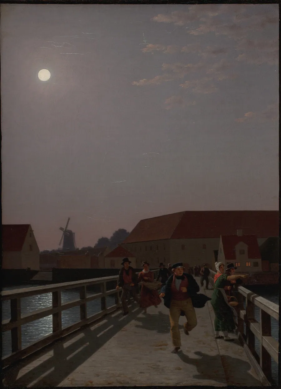 Langebro i måneskin med løbende figurer by C.W. Eckersberg