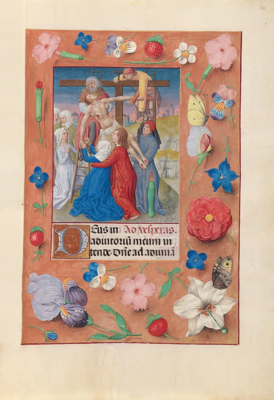 Hours of Queen Isabella the Catholic, Queen of Spain:  Fol. 73r, Descent from the Cross by Master of the First Prayerbook of Maximillian