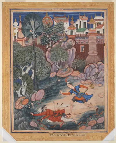 "'Umar Walks around Fulad Castle, Meets a Foot Soldier and Kicks Him to the Ground", Folio from a Hamzanama (The Adventures of Hamza)
